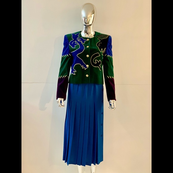 Vintage Escada Blue Pleated Wool Skirt with Side Buttons - Picture 3 of 8